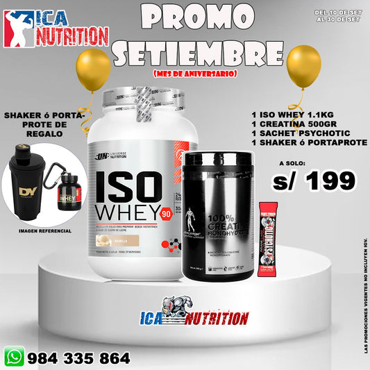 ISO WHEY 1.1KG + CREA 500GR KEVIN L + SACHET PSYCHOTIC + SHAKER O PORTAPROTE