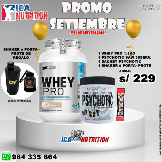 WHEY PRO 1.1KG + PSYCHOTIC SAW 30SERV. + SACHET PSYCHOTIC + SHAKER O PORTAPROTE